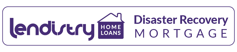 Lendistry Home Loans - Disaster Recovery Mortgage logo in purple with a small house icon in between the text