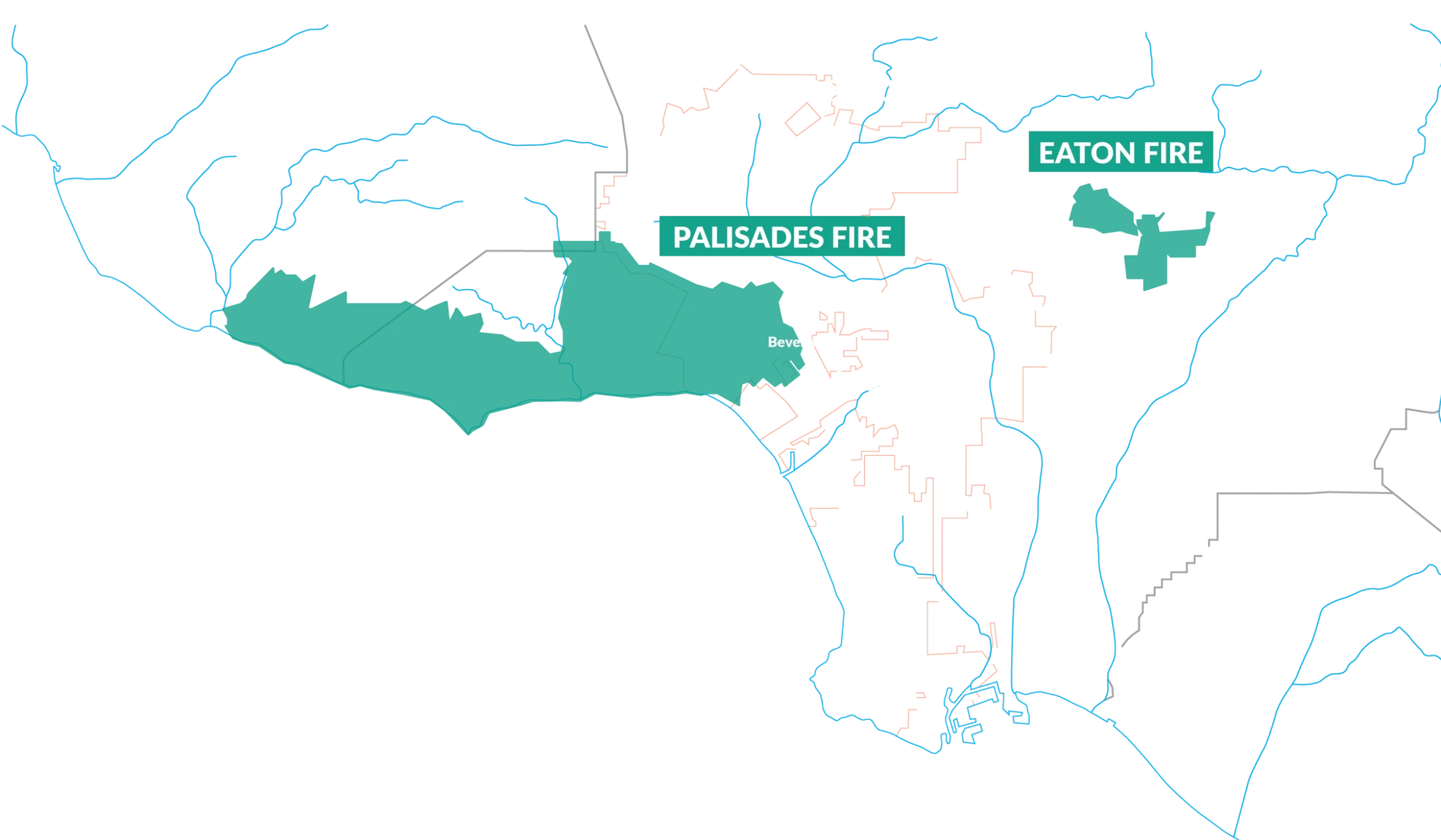 LA County map highlighting the Palisades and Eaton Fires in teal