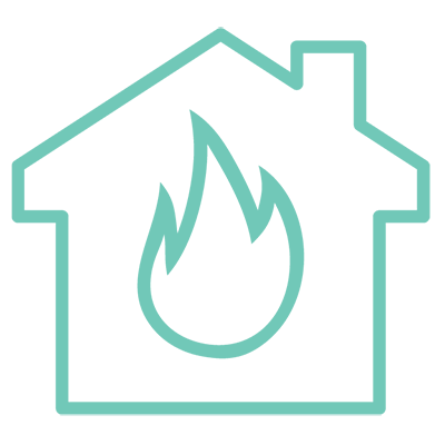 Green outline of a home with a fire icon in the center icon