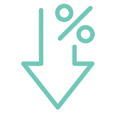 Green outline of a big arrow pointing down with a percentage sign at the top right icon
