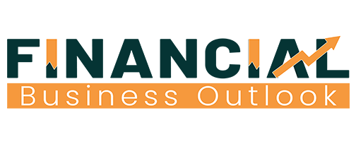 Financial Business Outlook logo with Financial in blue text utilizing financial graphics as part of the letters and Business Outlook in white text on orange background