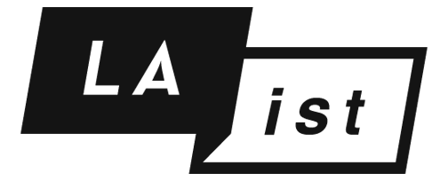 LAist logo on a folded banner with reversed black and white background